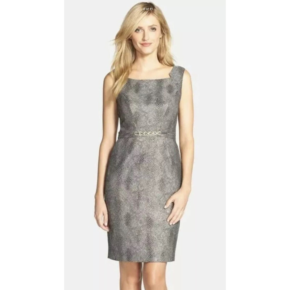 NWOT Ellen Tracy Metallic Snake Jacquard Sheath Dress Sz 8P With Pockets
